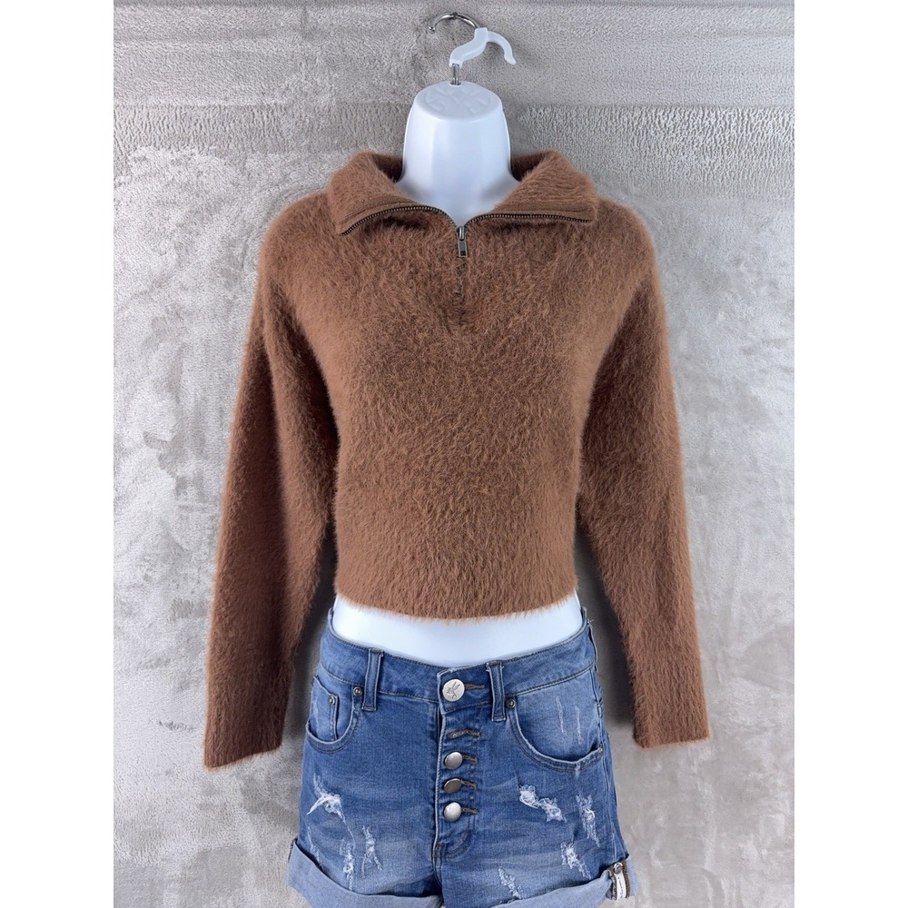 Camila Coelho Fuzzy Sweater Womens Size XXS Brown Knit Cropped Soft Cozy